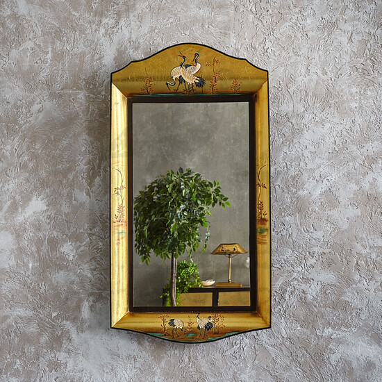 Зеркало в золотой раме с росписью журавли